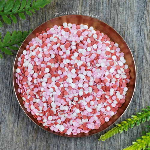 4mm Red White & Pink Glimmer Confetti  Edible confetti with a lovely shiny finish  Perfect to top any cupcake, large cake, ice cream, cookies, shakes and more...