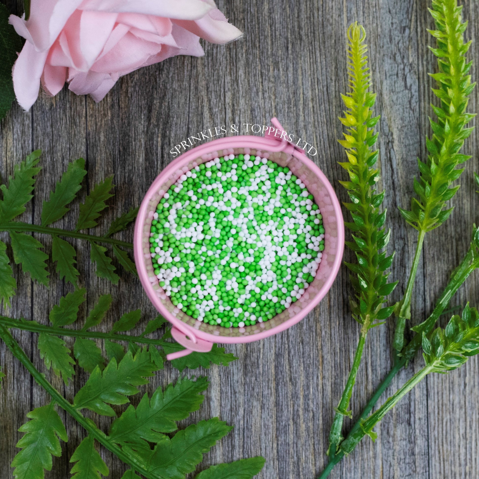 Green & White 100s & 1000s  These ever popular small sugar balls are perfect to top any cupcake, large cake, ice cream, shake and more...