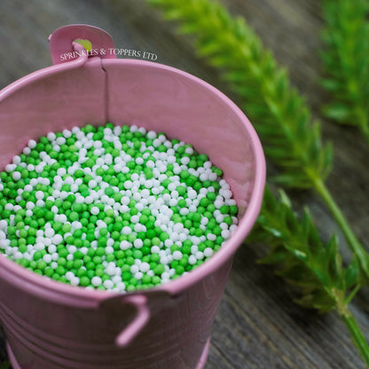 Green & White 100s & 1000s  These ever popular small sugar balls are perfect to top any cupcake, large cake, ice cream, shake and more...