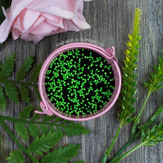 Black & Green 100s & 1000s  These ever popular small sugar balls are perfect to top any cupcake, large cake, ice cream, shake and more...