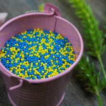 Load image into Gallery viewer, Blue &amp; Yellow 100s &amp; 1000s  These ever popular small sugar balls are perfect to top any cupcake, large cake, ice cream, shake and more...