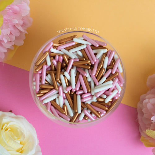Pink White & Rose Gold / Copper Macaroni Rods (20mm) Sprinkles