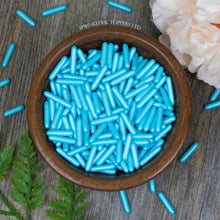Load image into Gallery viewer, Simply stunning blue pearlescent macaroni rods measuring approx 20mm - perfect for those statement cupcakes / cakes