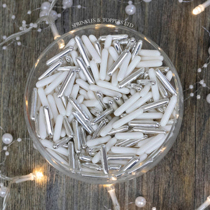White & Metallic Silver Macaroni Rods (20mm) Sprinkles