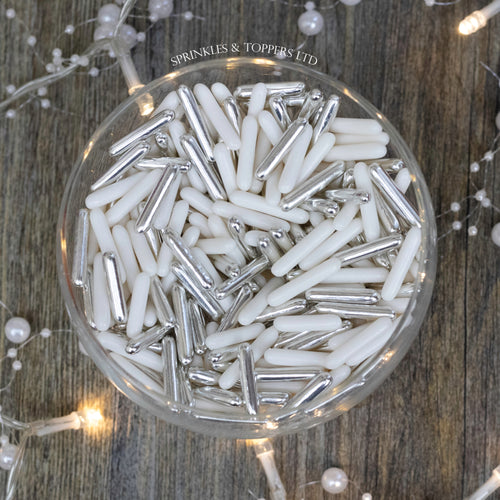 White & Metallic Silver Macaroni Rods (20mm) Sprinkles