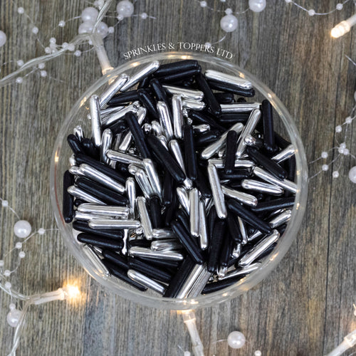Black & Metallic Silver Macaroni Rods (20mm) Sprinkles  Simply stunning macaroni rods measuring approx 20mm - perfect for those statement cupcakes / cakes
