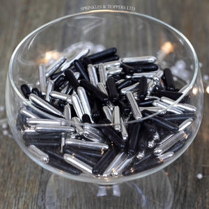 Black & Metallic Silver Macaroni Rods (20mm) Sprinkles  Simply stunning macaroni rods measuring approx 20mm - perfect for those statement cupcakes / cakes