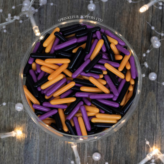 Purple, Orange & Black Macaroni Rods (20mm) Sprinkles