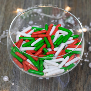 Red, White & Green Macaroni Rods (20mm) Sprinkles