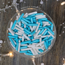 Load image into Gallery viewer, Blue &amp; White Macaroni Rods (20mm) Sprinkles  Simply stunning macaroni rods measuring approx 20mm - perfect for those statement cupcakes / cakes