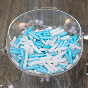 Blue & White Macaroni Rods (20mm) Sprinkles  Simply stunning macaroni rods measuring approx 20mm - perfect for those statement cupcakes / cakes