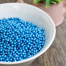 Load image into Gallery viewer, Lovely blue edible sugar pearls with shiny finish 3-4mm (approx)  Perfect to decorate cupcakes, a large cake, ice creams, smoothies, cookies.....the list is endless
