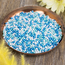 Load image into Gallery viewer, Blue, White &amp; Turquoise Glimmer Pearls Sprinkles Mix  Lovely edible sugar pearls with shiny finish 3-4mm (approx)  Perfect to decorate cupcakes, a large cake, ice creams, smoothies, cookies.....the list is endless
