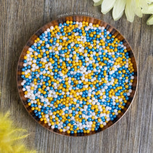 Load image into Gallery viewer, Blue White &amp; Gold Glimmer Pearls (3-4mm) Sprinkles  Lovely edible sugar pearls with shiny finish 3-4mm (approx)  Perfect to decorate cupcakes, a large cake, ice creams, smoothies, cookies.....the list is endless