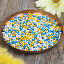 Load image into Gallery viewer, Blue White &amp; Gold Glimmer Pearls (3-4mm) Sprinkles  Lovely edible sugar pearls with shiny finish 3-4mm (approx)  Perfect to decorate cupcakes, a large cake, ice creams, smoothies, cookies.....the list is endless