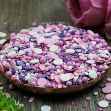 Load image into Gallery viewer, Perfect to top any cupcake or to decorate a larger cake, ice creams, smoothies, cookies and more  Beautiful mix of pink, white &amp; purple 4mm glimmer confetti / pink &amp; white glimmer confetti 10mm / 5mm pink chocolate balls