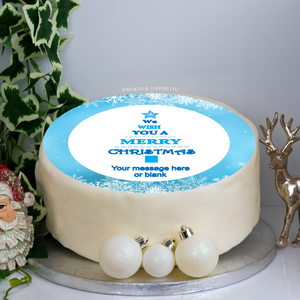 Personalised We Wish You A Merry Christmas Tree - Blue 8" Icing Sheet Cake Topper