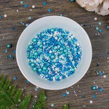 Load image into Gallery viewer, Perfect to top any cupcake or to decorate a larger cake, ice creams, smoothies, cookies and more  Lovely mix of blue, turquoise &amp; white glimmer pearls &amp; confetti (4mm), turquoise glimmer pearls (7mm), white sugar strands