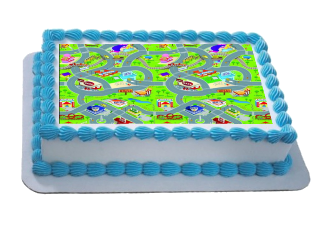 Cartoon Car Mat / Town A4 Themed Icing Sheet  Icing sheet cake toppers are a great way to decorate any themed cake