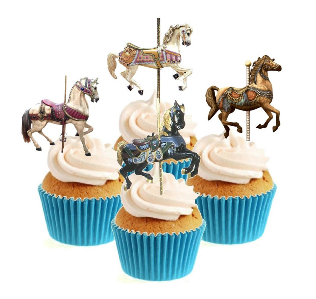 Carousel Horses Stand Up Cake Toppers (12 pack)  Pack contains 12 images - 3 of each image - printed onto premium wafer card