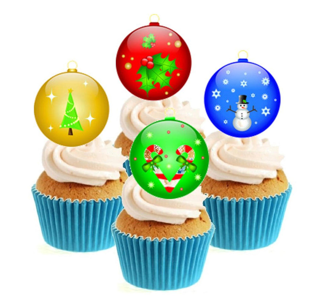 Christmas Baubles Stand Up Cake Toppers (12 pack)  Pack contains 12 images - 3 of each image - printed onto premium wafer card