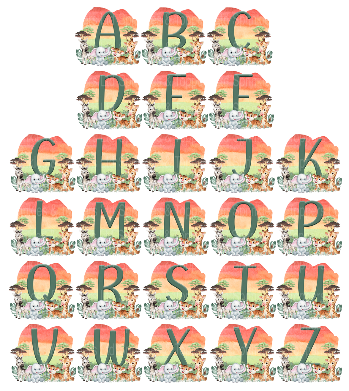 Jungle Sunset Safari Animals (any letter)  2" / 5cm discs