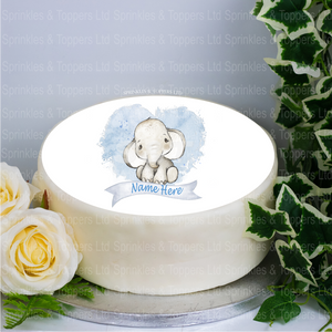Personalised Baby Elephant & Blue Heart  8" Icing Sheet Cake Topper
