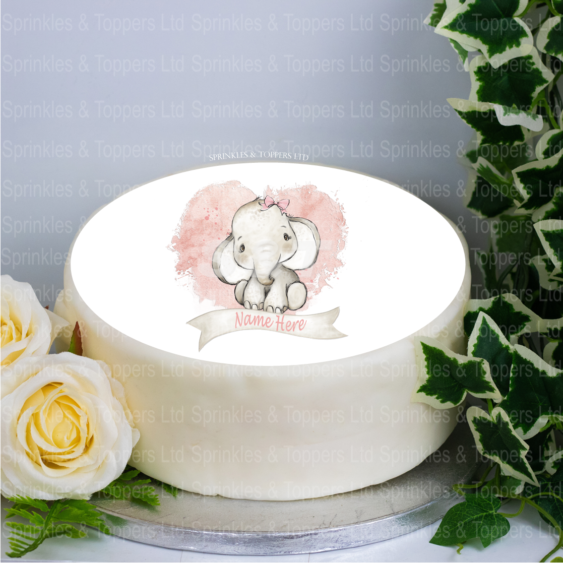 Personalised Baby Elephant & Pink Heart  8" Cake Topper