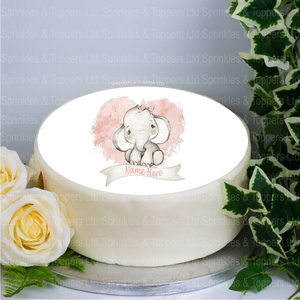Personalised Baby Elephant & Pink Heart  8" Icing Sheet Cake Topper