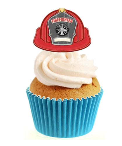 Fire Fighter Helmet Stand Up Cake Toppers (12 pack)  Pack contains 12 images printed onto premium wafer card