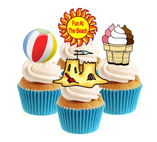 Fun At The Beach Collection Stand Up Cake Toppers (12 pack)  Pack contains 12 images - 3 of each image - printed onto premium wafer card