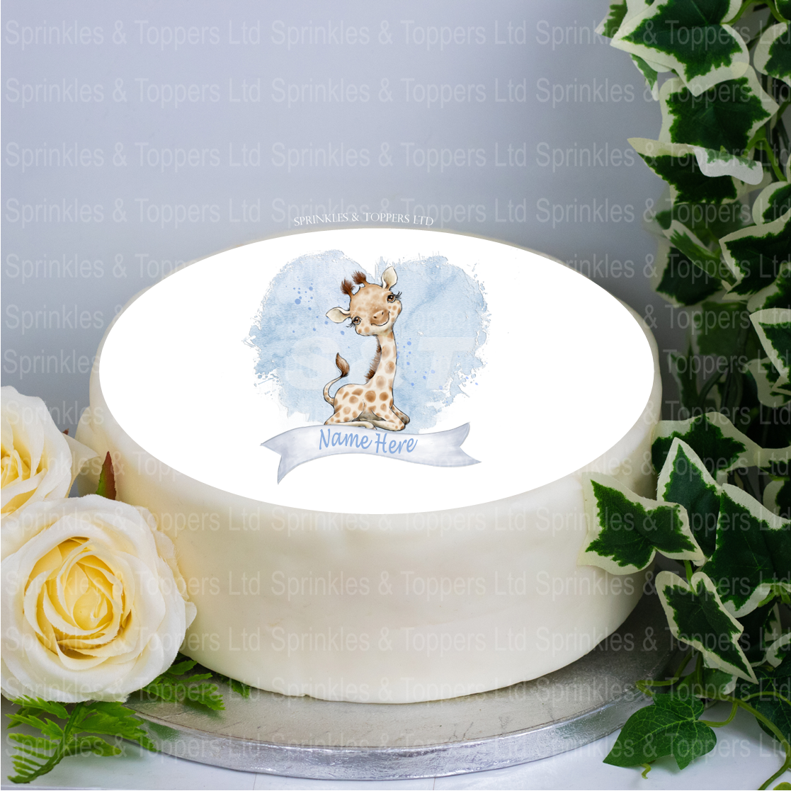 Personalised Baby Giraffe & Blue Heart  8" Cake Topper