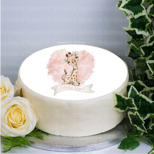 Personalised Baby Giraffe & Pink Heart  8" Cake Topper