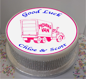 Good Luck New Home / Moving Van 8" Icing Sheet Cake Topper  Icing sheet cake toppers are a great way to personalise either a homemade or shop bought plain cake  Easy Peel Icing Sheet - No Fuss - Ready to pop straight onto your cake (full instructions included)