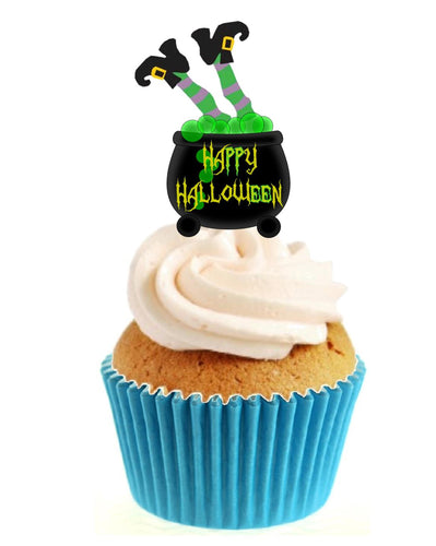 Green Witch In Cauldron Stand Up Cake Toppers (12 pack)  Pack contains 12 images printed onto premium wafer card
