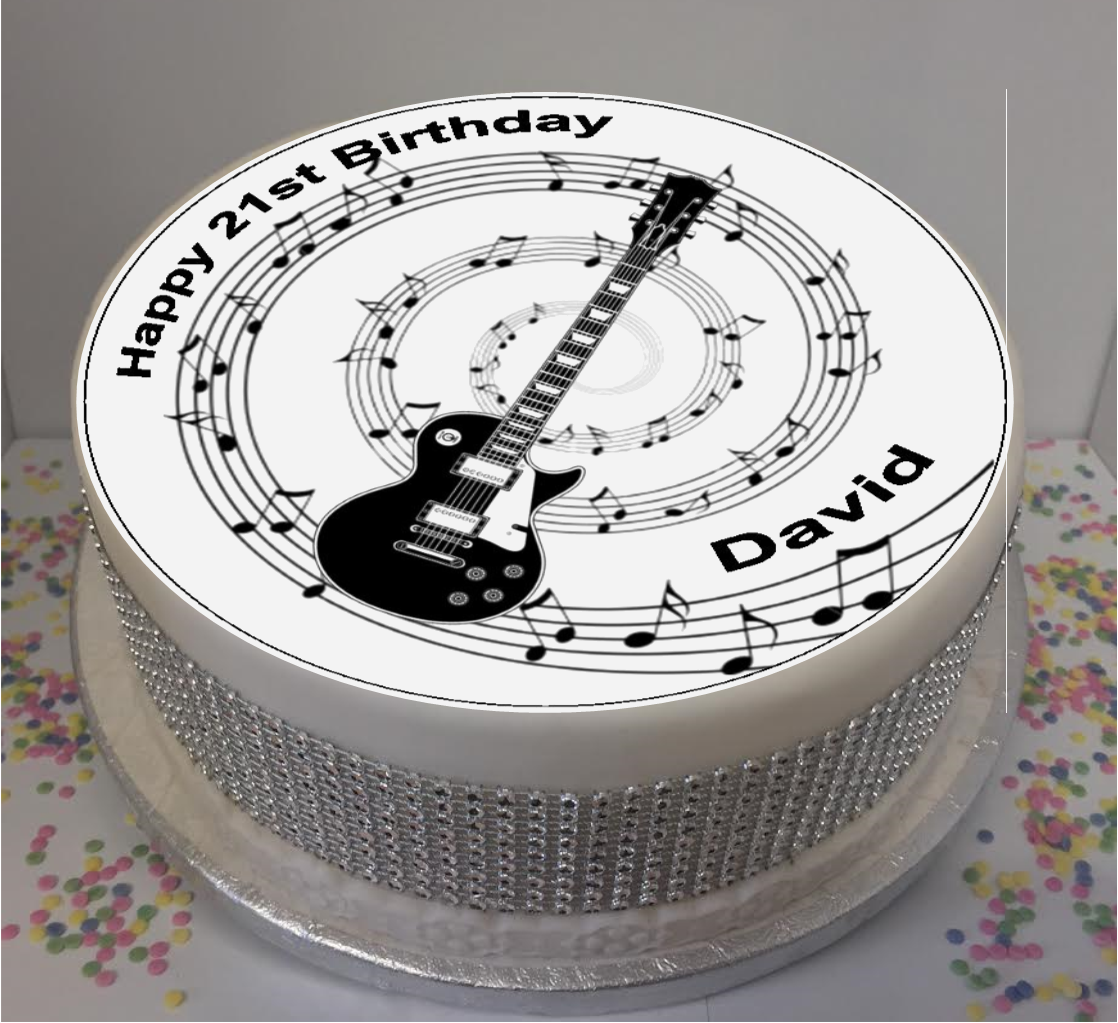 Personalised Black Guitar & Music Notes 8" Icing Sheet Cake Topper