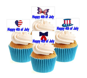 Happy 4th July Collection Stand Up Cake Toppers (12 pack)  Pack contains 12 images - 3 of each image - printed onto premium wafer card