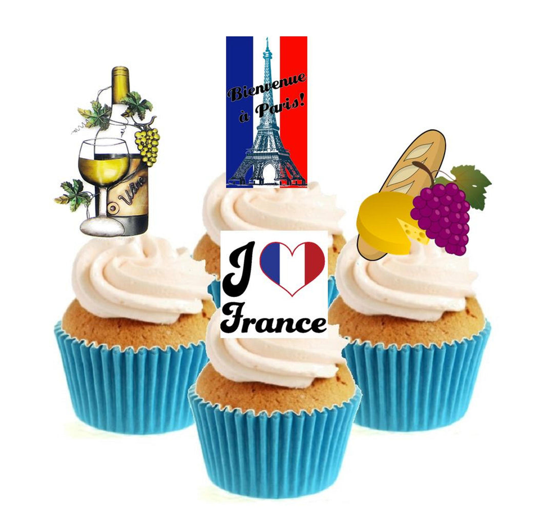 I Love France Collection Stand Up Cake Toppers (12 pack)