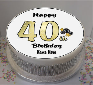 Personalised 40th Birthday Black / Gold 8" Icing Sheet Cake Topper