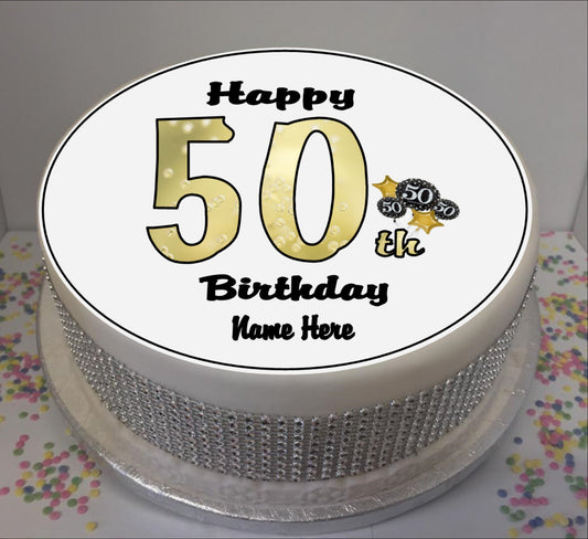 Personalised 50th Birthday Black / Gold 8" Icing Sheet Cake Topper