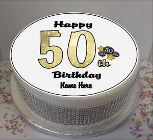 Personalised 50th Birthday Black / Gold 8" Icing Sheet Cake Topper