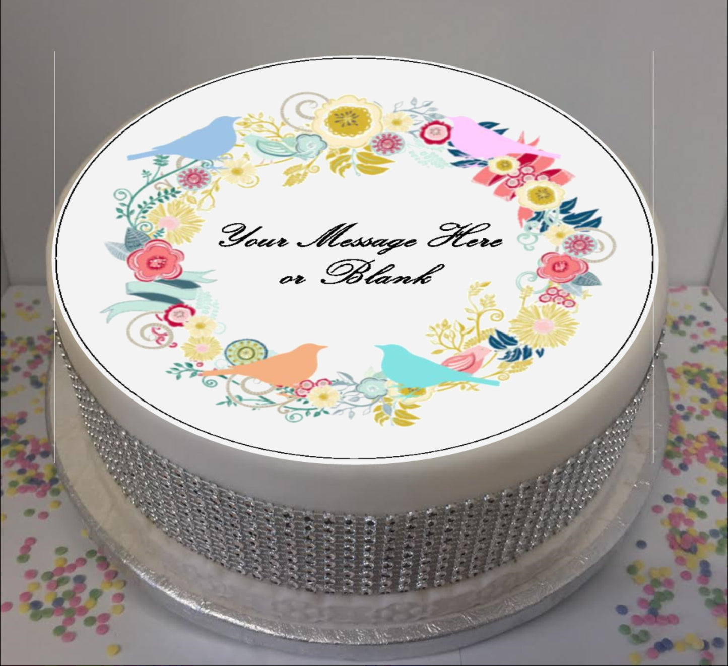 Personalised Flowers & Birds Scene 8" Icing Sheet Cake Topper