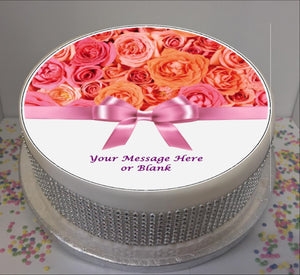 Personalised Pink / Peach Roses & Bow Scene 8" Icing Sheet Cake Topper