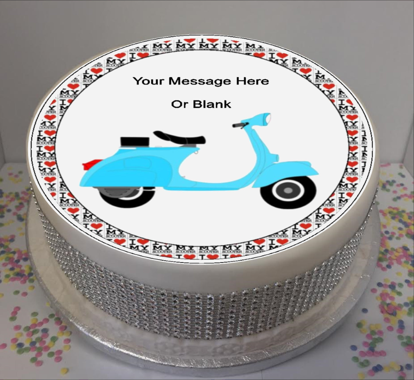 Personalised Blue Scooter Scene 8" Icing Sheet Cake Topper