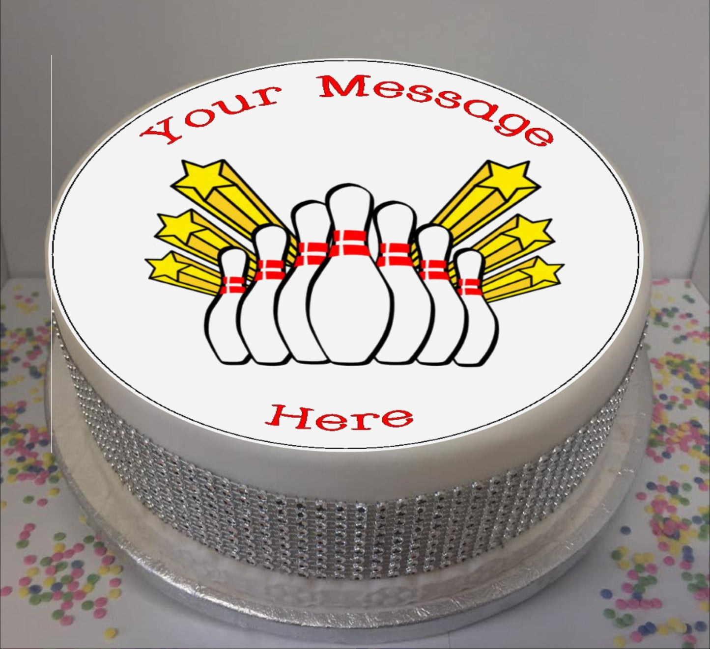 Personalised Ten Pin Bowling / Skittles Scene 8" Icing Sheet Cake Topper