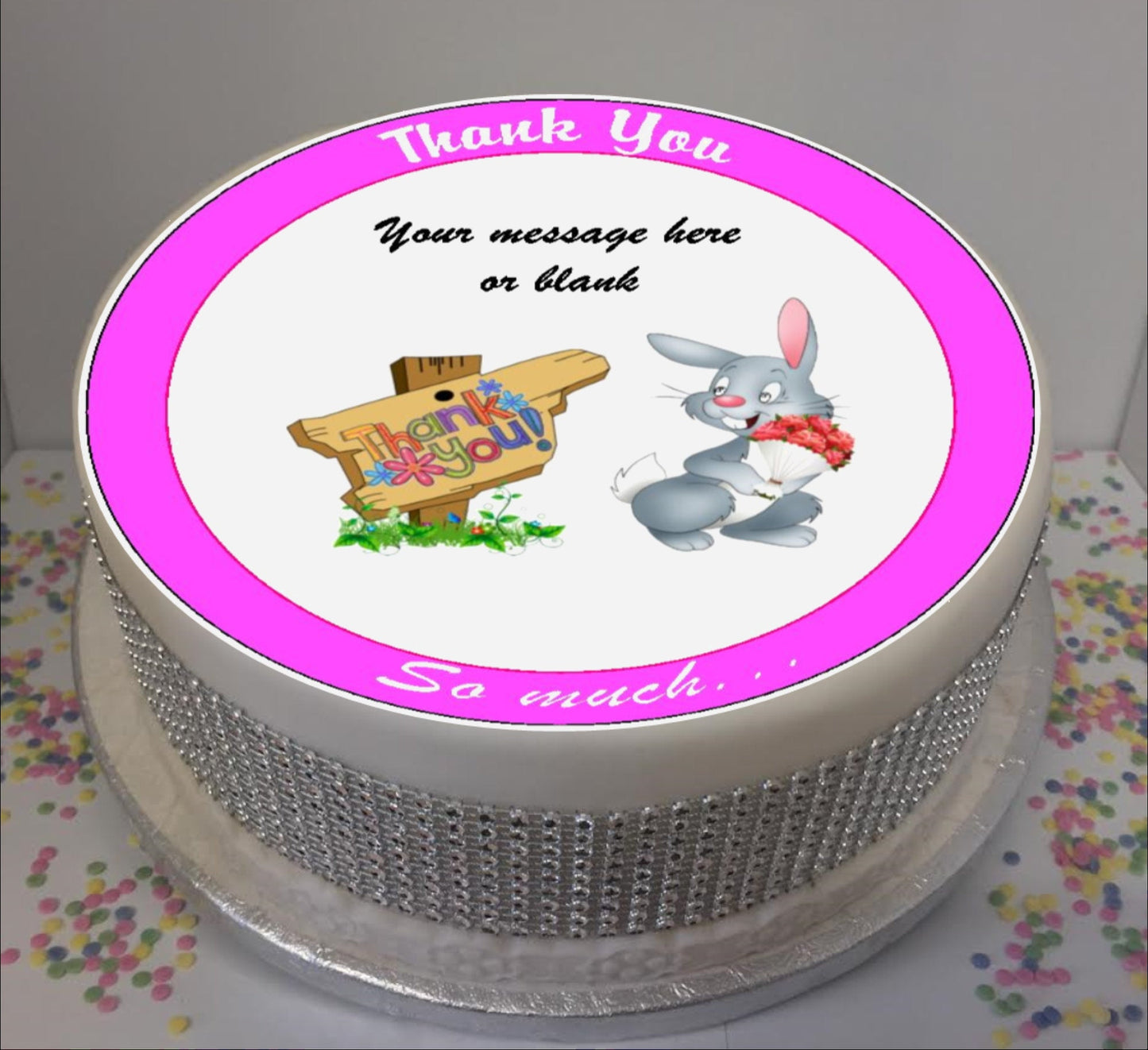 Personalised Thank You Bunny Scene 8" Icing Sheet Cake Topper