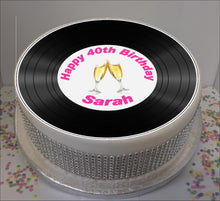 Load image into Gallery viewer, Personalised Vinyl Record &amp; Champagne 8&quot; Icing Sheet Cake Topper
