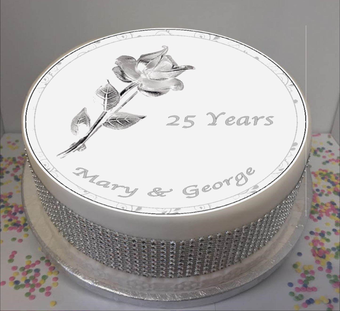 Personalised Silver Wedding Anniversary Rose 8" Icing Sheet Cake Topper