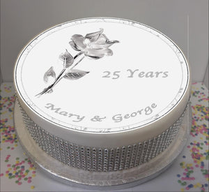 Personalised Silver Wedding Anniversary Rose 8" Icing Sheet Cake Topper