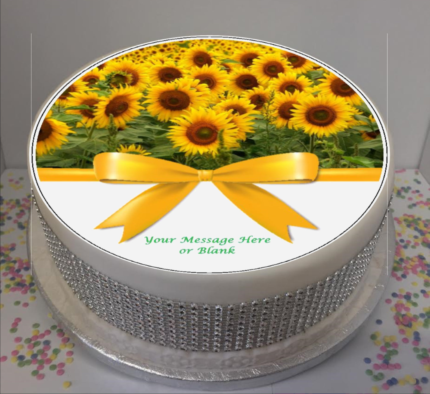 Personalised Sunflowers & Bow Scene 8" Icing Sheet Cake Topper